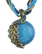 Romwe Blue Beads Chain Round Stone Pendant Necklace