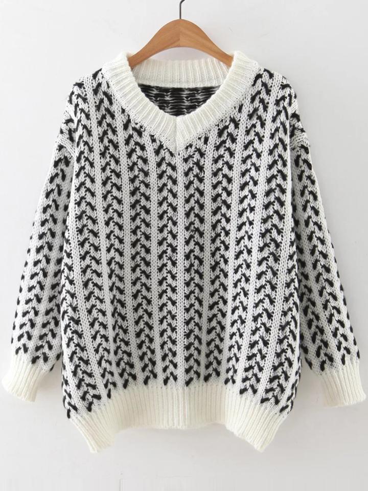 Romwe White V Neck Ribbed Trim Loose Sweater