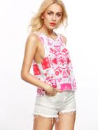 Romwe Pink In White Geometric Print Crop Top