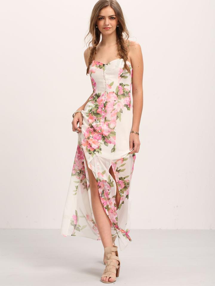 Romwe Multicolor Flower Print Bottons Split Maxi Dress