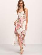 Romwe Multicolor Flower Print Bottons Split Maxi Dress