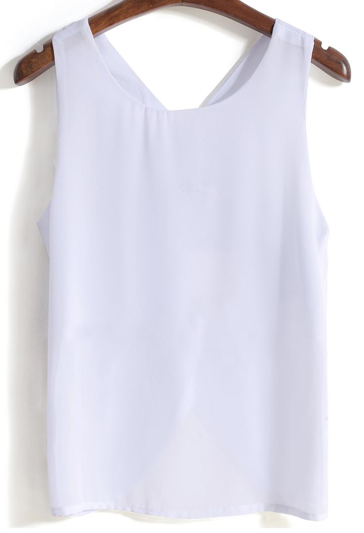 Romwe Criss Cross Back Chiffon White Tank Top