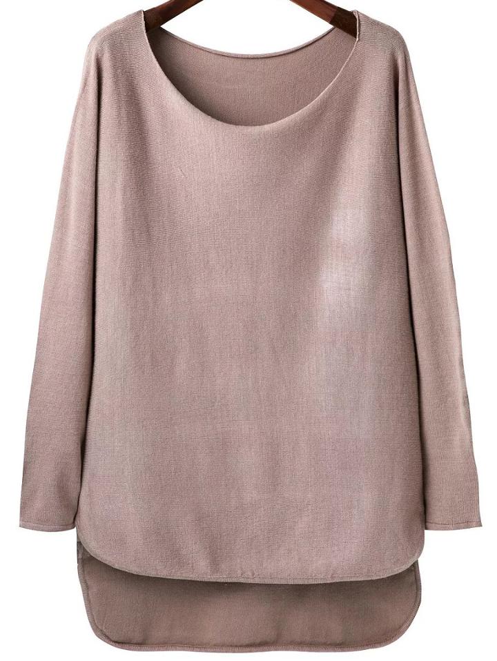 Romwe Khaki Scoop Neck Dip Hem Knitwear