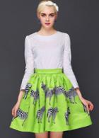 Romwe White Long Sleeve Top With Green Zebra Print Skirt