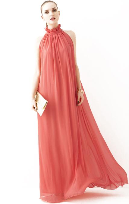 Romwe Stand Collar Off-shoulder Chiffon Watermelon Red Dress