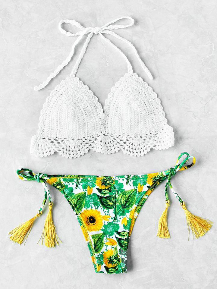 Romwe Sunflower Print Tassel Tie Crochet Bikini Set