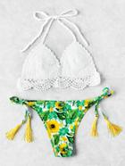 Romwe Sunflower Print Tassel Tie Crochet Bikini Set