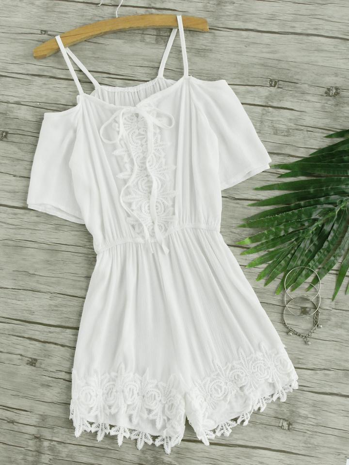 Romwe Open Shoulder Lace Trim Pleated Romper