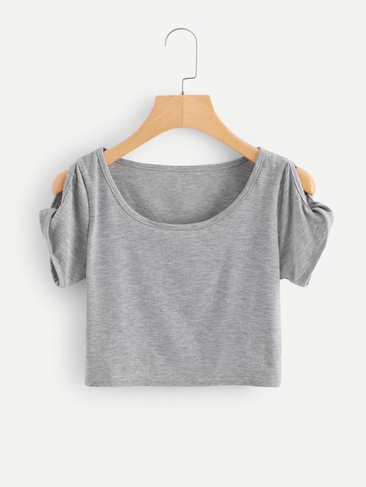 Romwe Scoop Neck Cold Shoulder Crop Tee