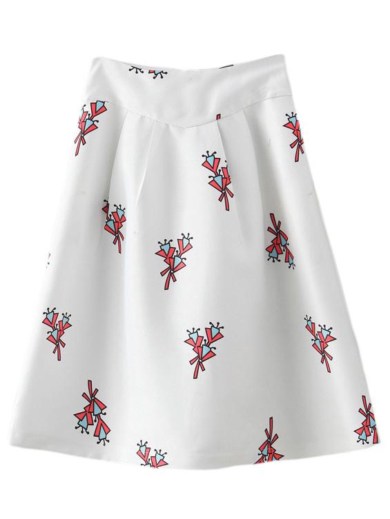 Romwe White Zipper Back Print Skirt