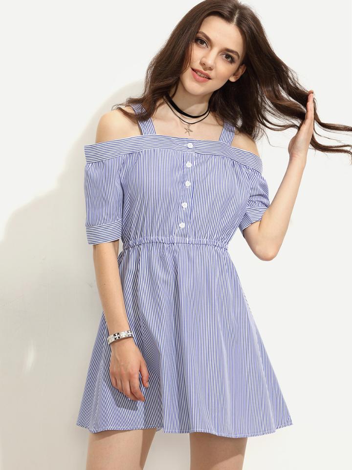 Romwe Blue Cold Shoulder Vertical Striped A-line Dress