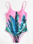 Romwe Palm Print Cami Swimsuit