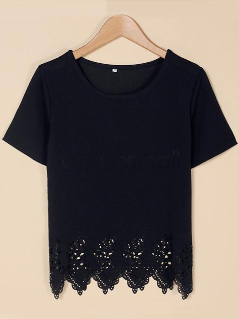 Romwe Black Hollow Hem Chiffon Top