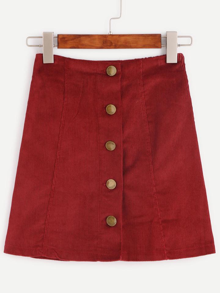 Romwe Burgundy Corduroy Single Breasted A Line Skirt