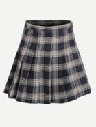 Romwe Navy Plaid Zipper Pleated Skirt