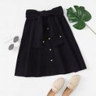 Romwe Tie Waist Button Detail Solid Skirt