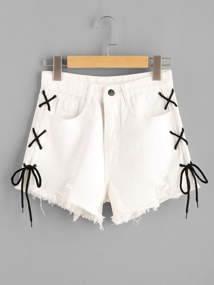 Romwe Destroyed Fray Hem Eyelet Lace Up Side Shorts