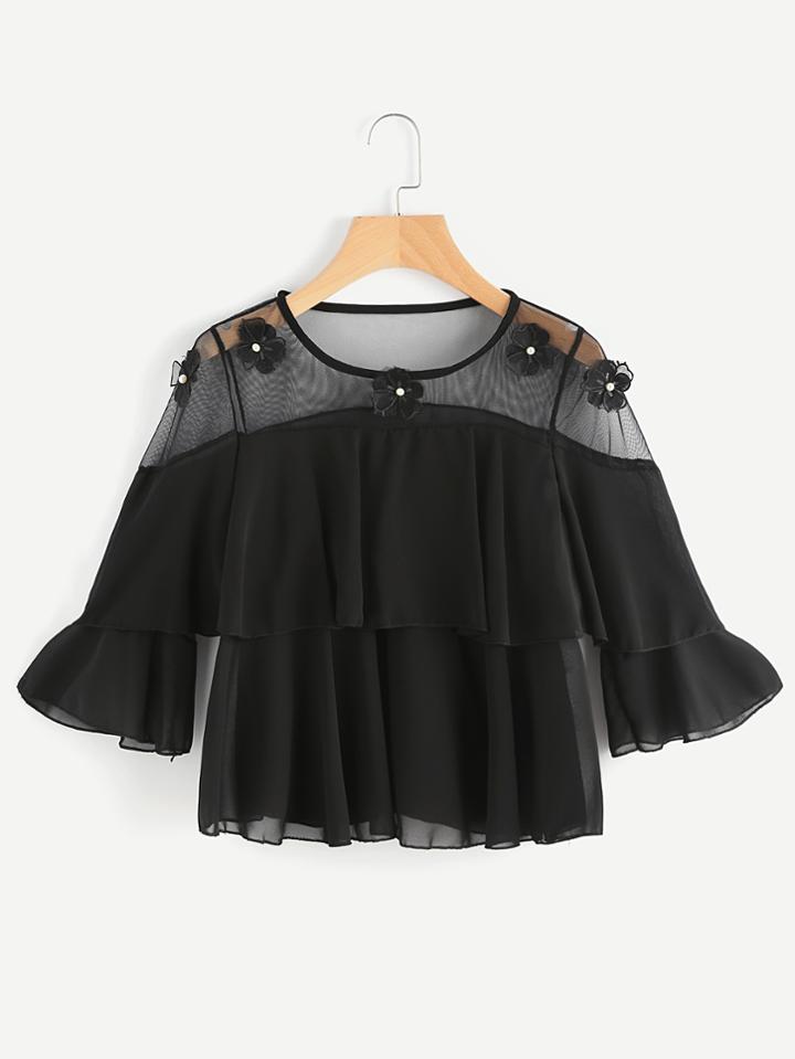 Romwe Fluted Sleeve Mesh Insert Flower Applique Layered Blouse