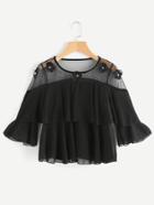 Romwe Fluted Sleeve Mesh Insert Flower Applique Layered Blouse