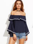 Romwe Navy Striped Trim Ruffle Off The Shoulder Top