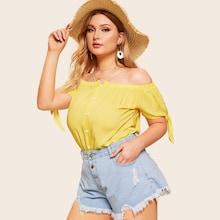 Romwe Plus Off Shoulder Knot Cuff Blouse