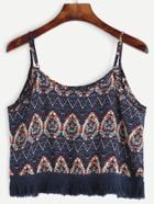 Romwe Navy Ornate Print Knotted Fringe Trim Cami Top