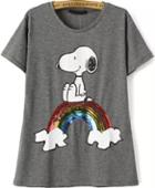 Romwe With Sequined Snoopy Print Grey T-shirt
