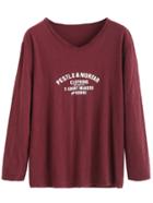 Romwe Burgundy V Neck Letters Print Long Sleeve T-shirt