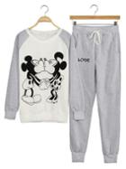 Romwe Mickey Print Top With Drawstring Grey Pant