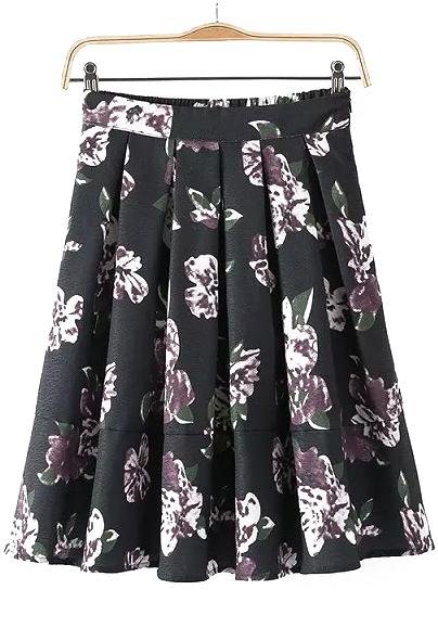 Romwe Elastic Waist Florals Pleated Black Skirt