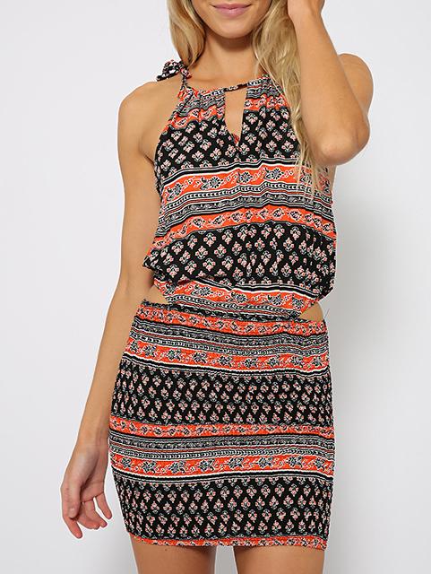 Romwe Halter Cut Out Vintage Print Red Dress