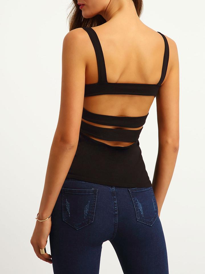 Romwe Black Strap Backless Cami Top