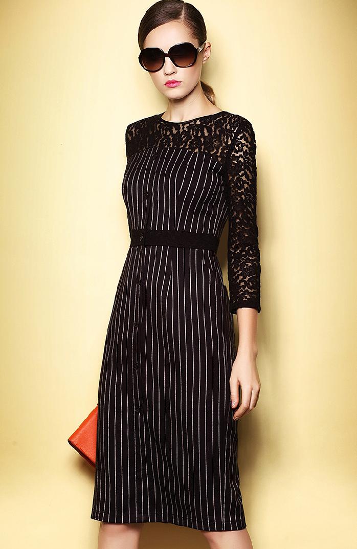 Romwe Contrast Lace Vertical Stripe Dress