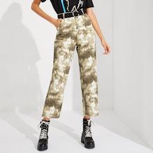 Romwe Tie Dye Pocket Straight Leg Crop Pants