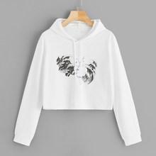 Romwe Figure Print Drawstring Crop Hoodie
