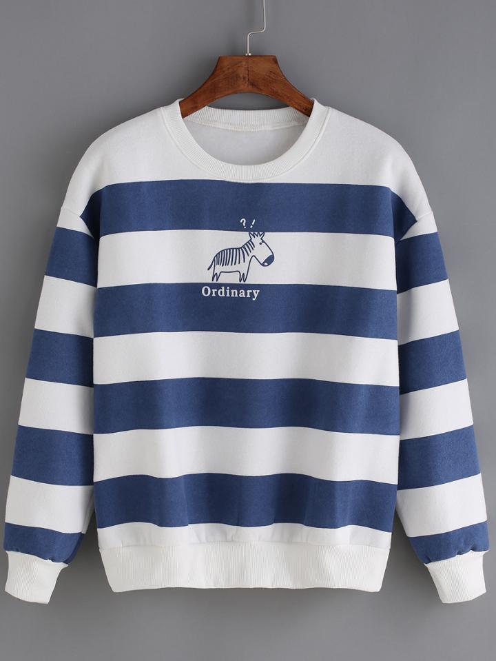 Romwe Striped Thicken Blue Sweatshirt
