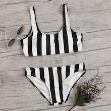 Romwe Striped Scoop Neck Top With Low Rise Bikini