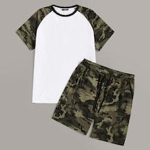 Romwe Guys Raglan Sleeve Camo Print Tee & Track Shorts Set