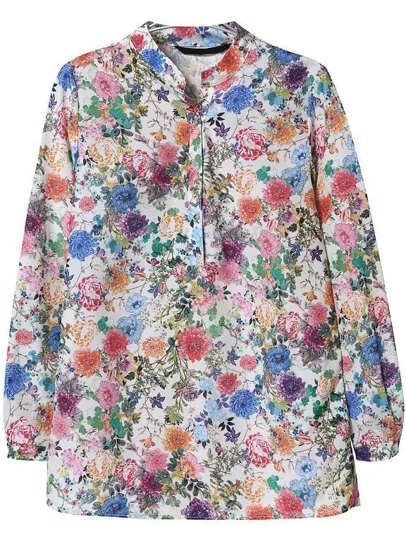 Romwe Stand Collar Florals Split Blouse