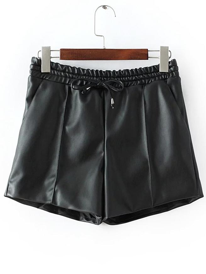 Romwe Pu Black Shorts With Draw Cord Waist