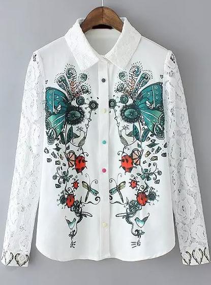 Romwe Lace Insert Lapel Bird Print Blouse