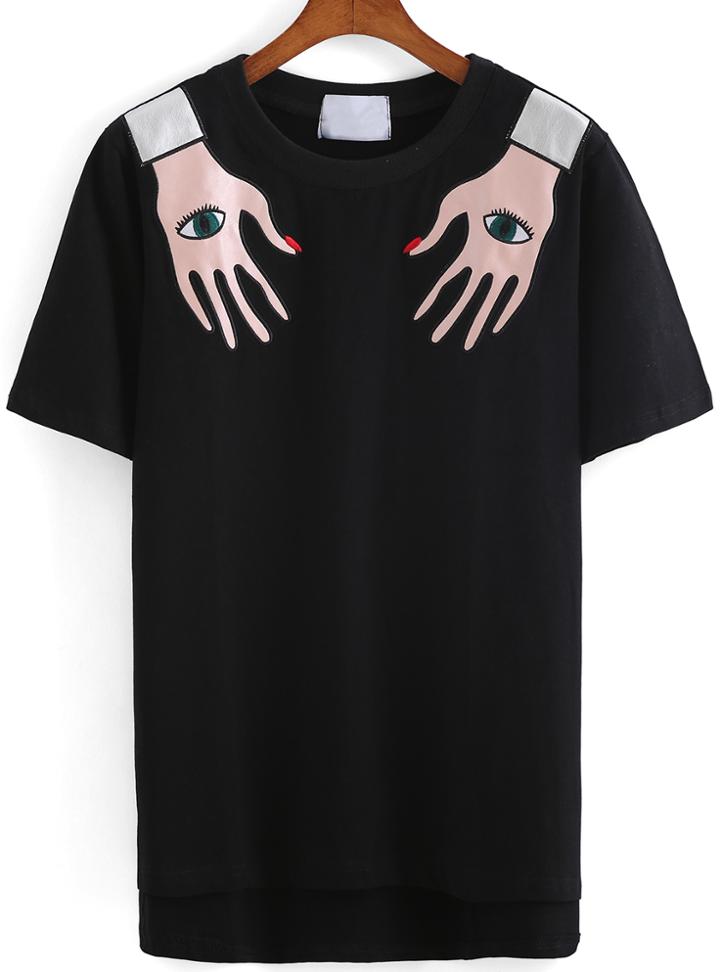 Romwe Dip Hem Hand Print Black T-shirt