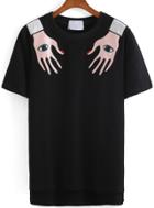 Romwe Dip Hem Hand Print Black T-shirt