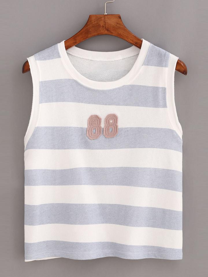 Romwe Blue Striped Patch Tank Top