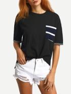 Romwe Striped Pocket High Low T-shirt