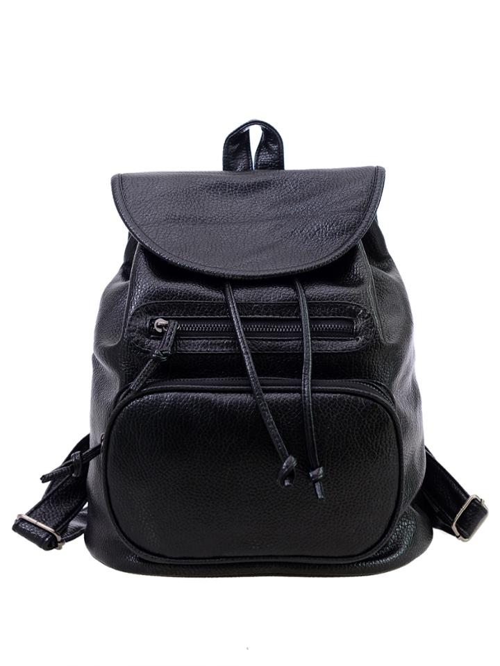 Romwe Faux Leather Drawstring Flap Backpack - Black