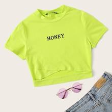 Romwe Neon Lime Cross Wrap Letter Crop Tee