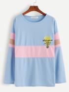 Romwe Blue Contrast Drop Shoulder Bulb Embroidery T-shirt