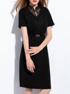 Romwe Black Crochet Belted Asymmetric Dress