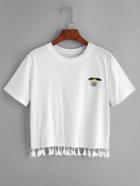 Romwe White Embroidered Tassel Hem T-shirt